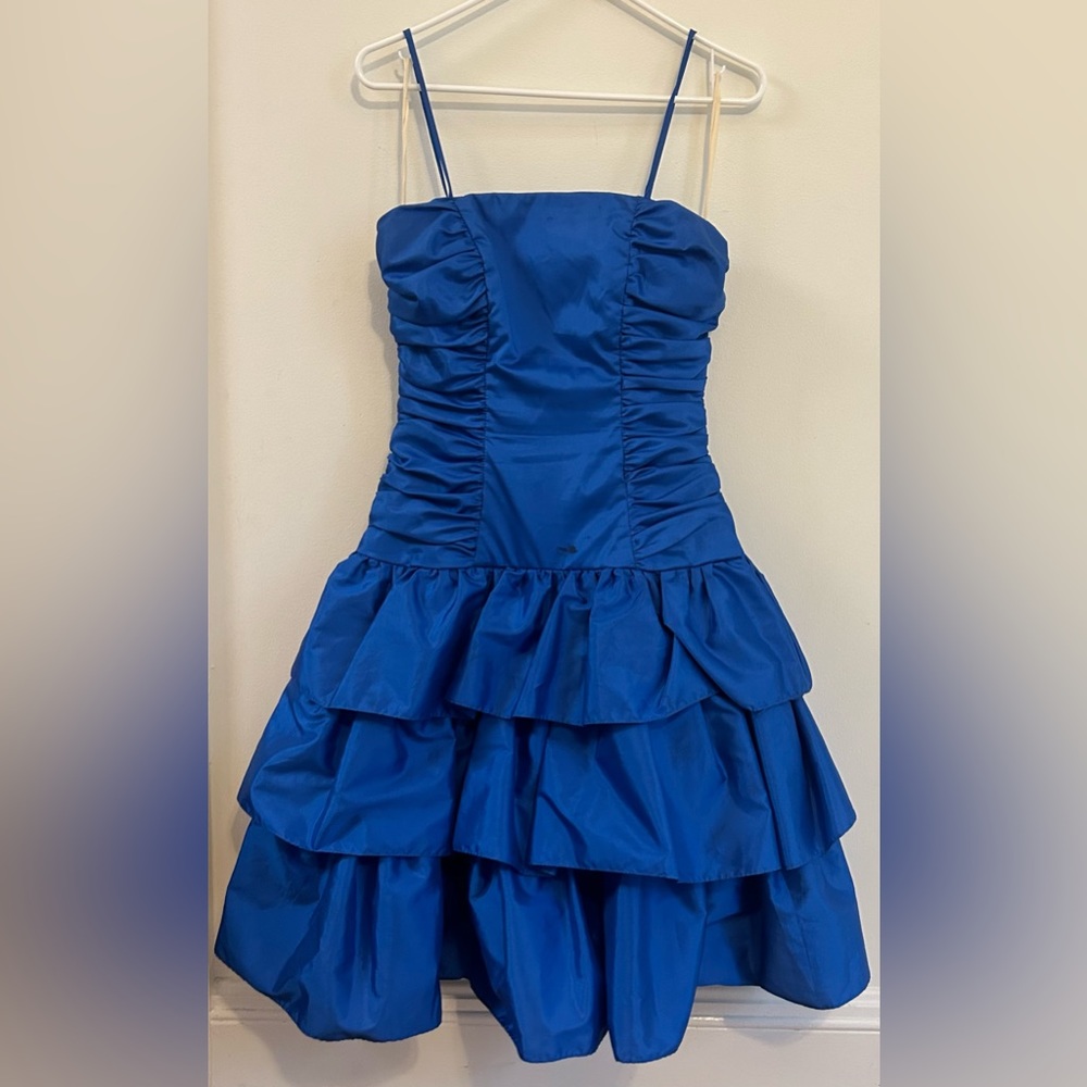 80s Vintage Royal Blue Spaghetti Straps Ruffle Party Dress, size small
